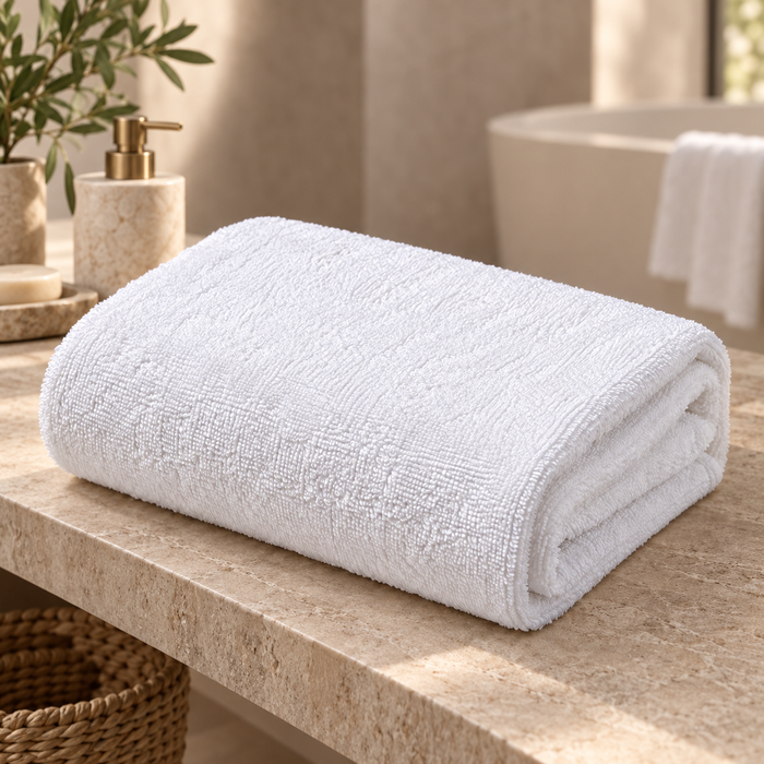 Drap de bain hôtelier blanc dans une salle de bain