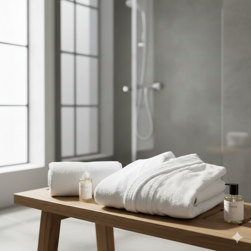 Peignoir de bain blanc en coton, plié sur un banc en bois dans une salle de bain design, style hôtel de luxe.