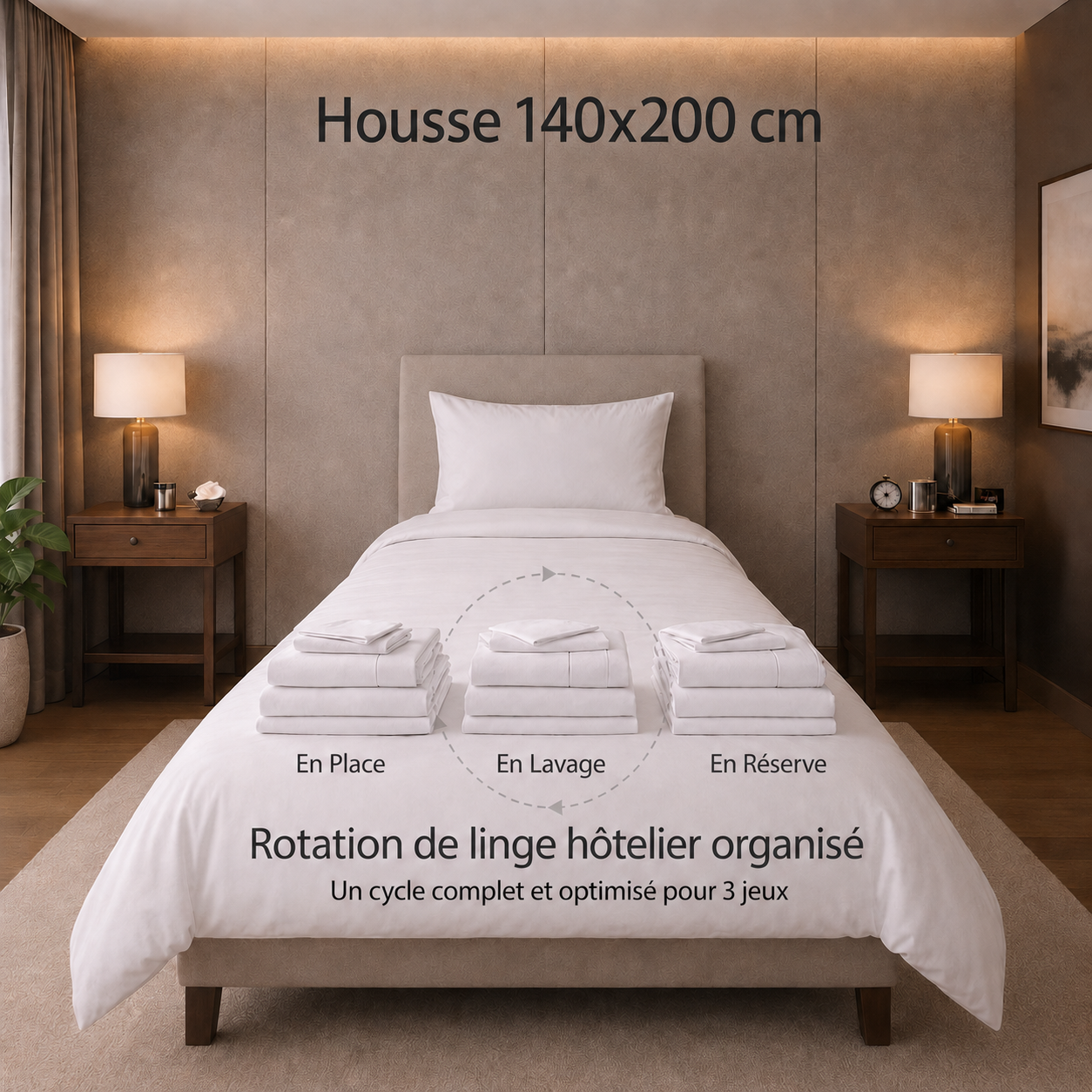 Pack Rotation Linge Hôtelier 3 Jeux Complets - Housse 140x200cm - Chambre Airbnb Professionnelle