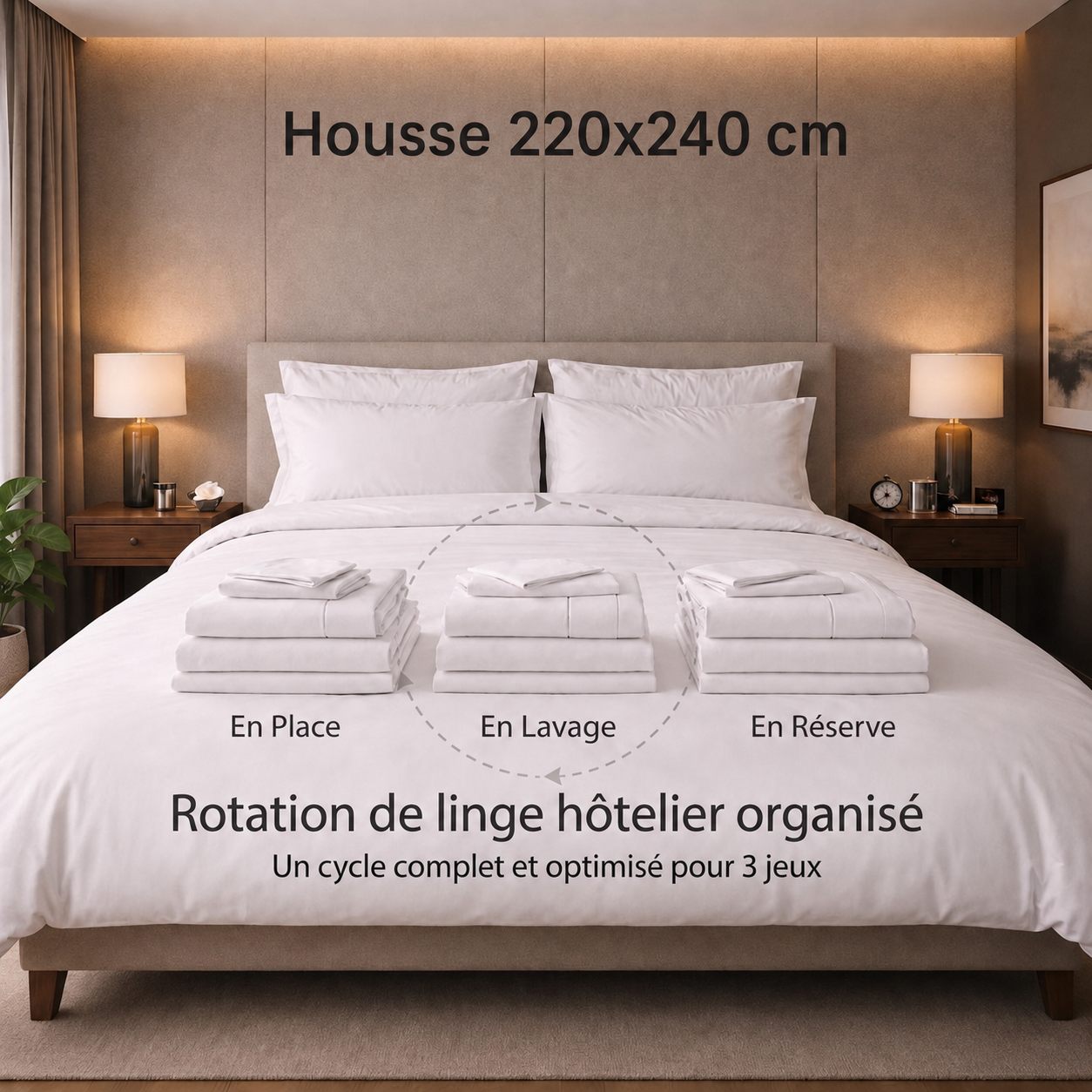 Pack Rotation Linge Hôtelier 3 Jeux Complets - Housse 220x240cm