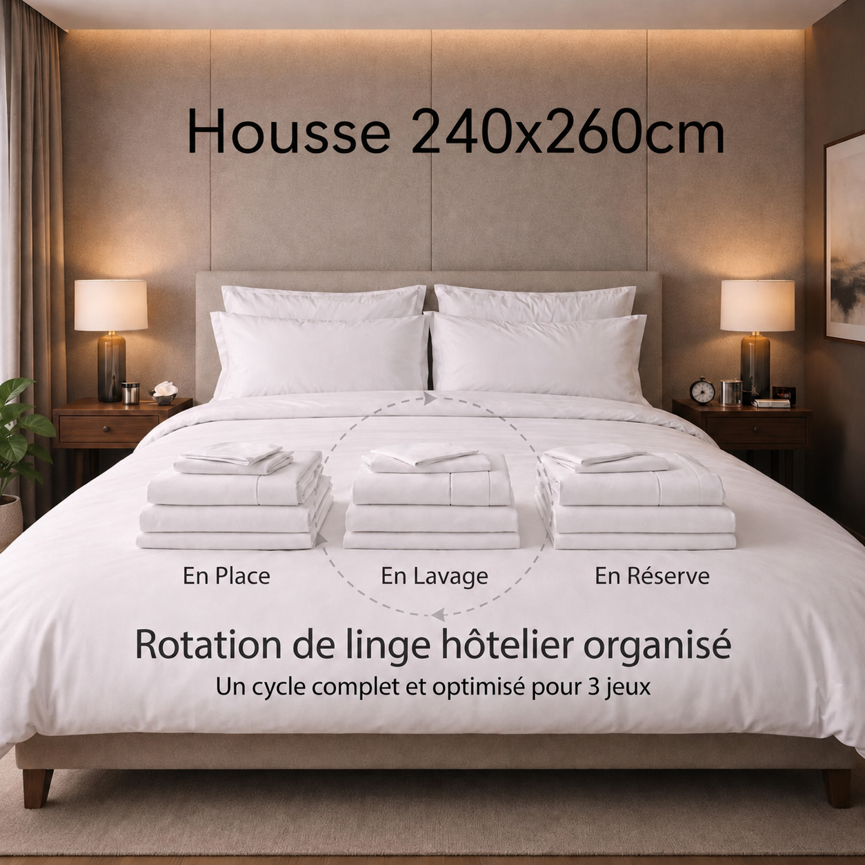 Pack Rotation Linge Hôtelier 3 Jeux Complets - Housse 240x260cm - Chambre Airbnb Professionnelle