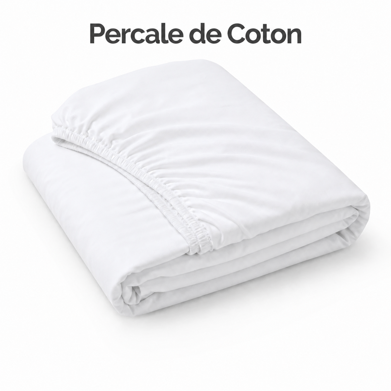 Drap-housse neuf blanc en polypercaledecoton professionnel, disponible en 90 × 200, 140 × 200 et 160 × 200 cm, plié sur fond blanc.