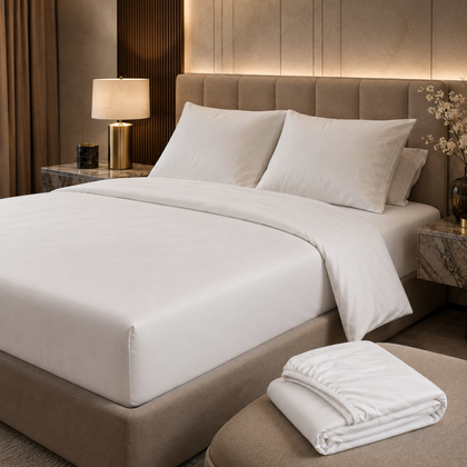 Drap-housse blanc 140x200 cm installe sur un lit de chambre haut de gamme, avec linge blanc et ambiance chaleureuse.