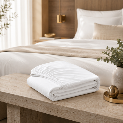 Drap-housse blanc 140x200 cm soigneusement plie sur une console en pierre, dans une chambre elegante de style hotelier.