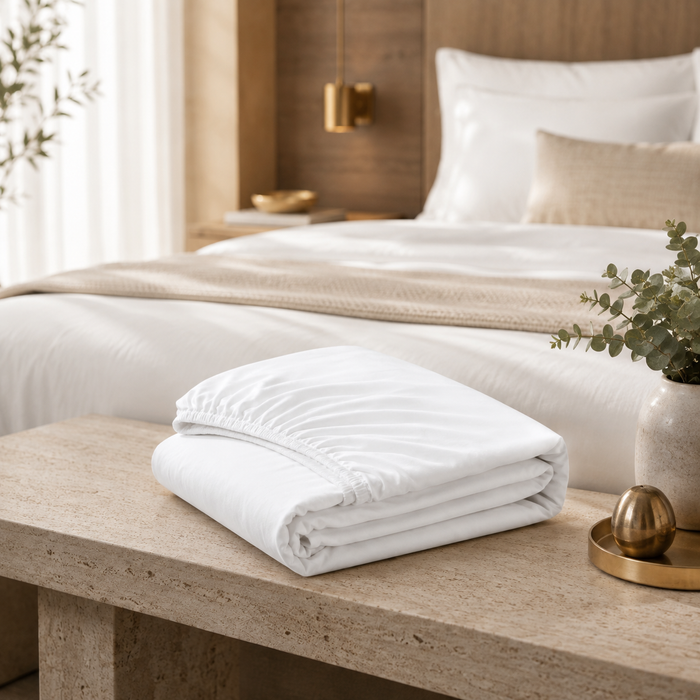 Drap-housse blanc 140x200 cm soigneusement plie sur une console en pierre, dans une chambre elegante de style hotelier.