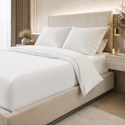 Drap-housse blanc 140x200 cm de qualite hoteliere, parfaitement ajuste sur le matelas avec une parure de lit blanche.