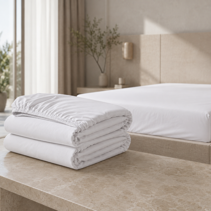 Gros plan sur l’angle et la finition ajustée du drap-housse blanc EcoWayve installé sur un matelas hôtelier.