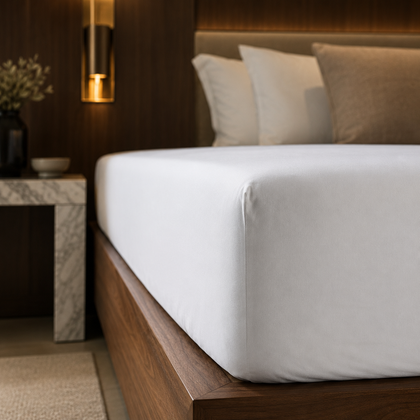 Gros plan sur un drap-housse blanc parfaitement ajusté à un matelas, dans une chambre élégante au style hôtelier haut de gamme.