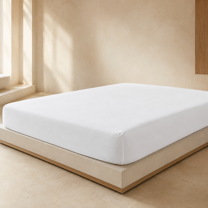 Gros plan sur la texture fine du drap-housse blanc EcoWayve en percale, avec plis naturels et finition textile hôtelière.