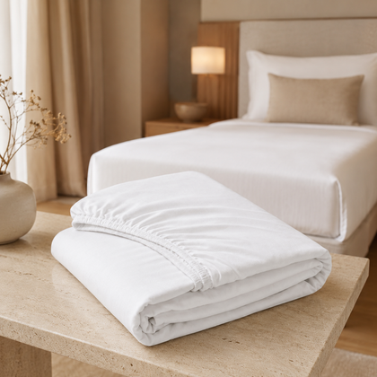 Drap-housse blanc professionnel soigneusement plie sur une console en pierre, avec son bord elastique visible et un lit en arriere-plan.