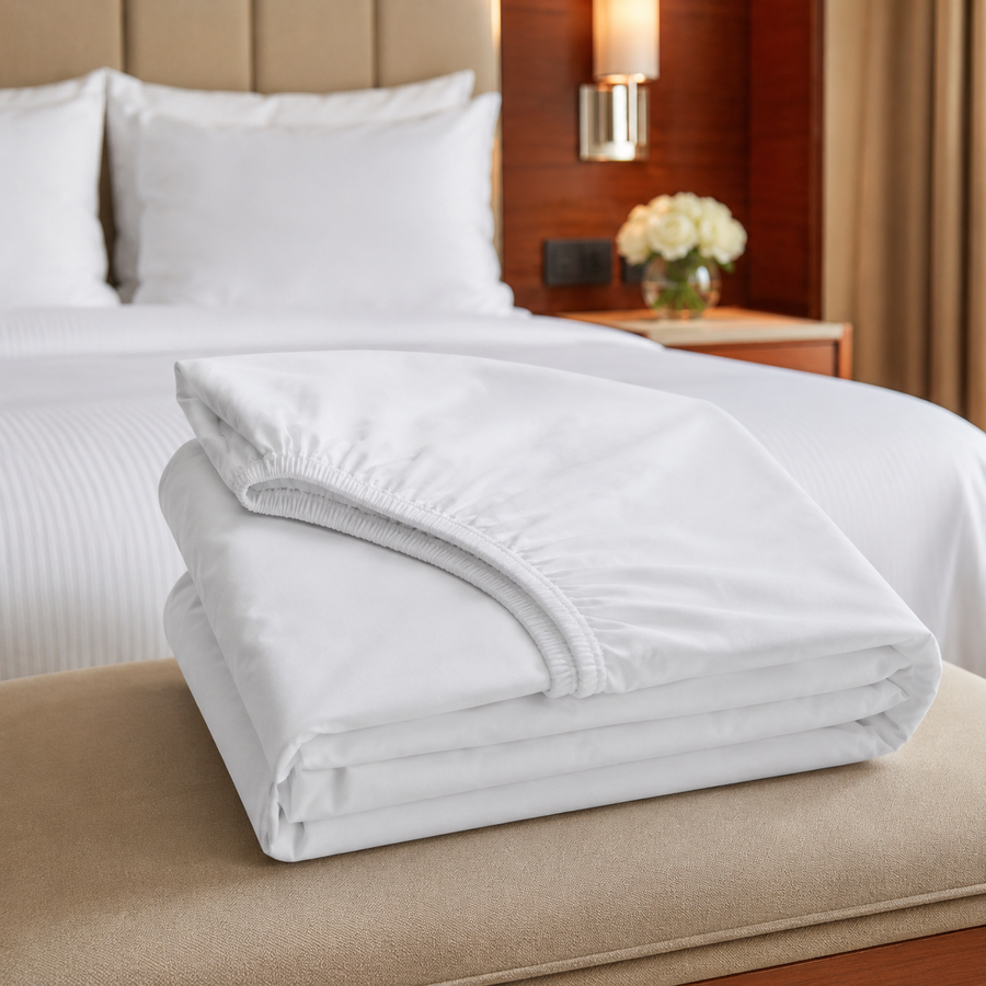 Drap-housse blanc professionnel soigneusement plié sur un banc, avec son élastique visible et une chambre d’hôtel en arrière-plan.