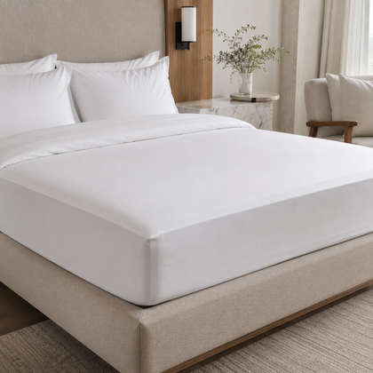 Plusieurs draps-housses blancs EcoWayve soigneusement pliés devant un lit équipé, illustrant le linge professionnel pour hôtel et location.
