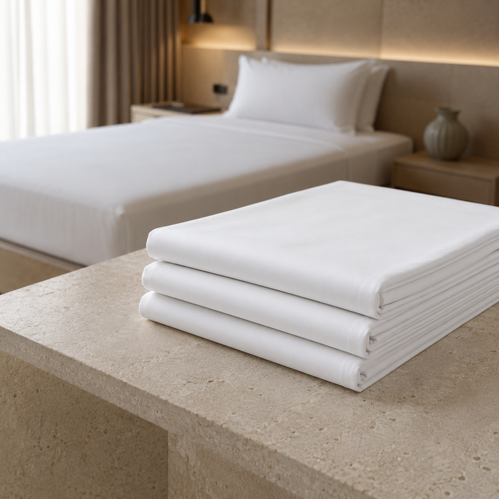 Deux draps plats blancs 180x290 cm soigneusement plies sur une console en pierre, dans une ambiance sobre et haut de gamme.