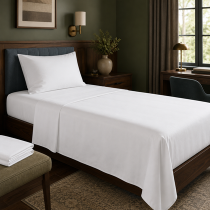 Drap plat blanc professionnel 180x290 cm installé sur un lit 1 place dans une chambre d’hôtel élégante aux tons vert olive et bois foncé.