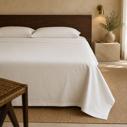 Drap plat blanc professionnel installe sur un lit double dans une chambre elegante aux tons naturels, avec une finition nette et soignee.