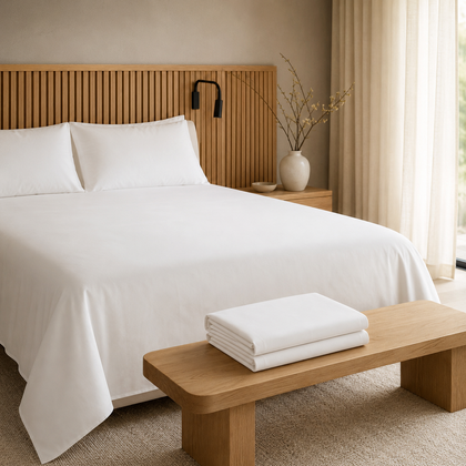 Drap plat blanc professionnel presente sur un lit avec deux exemplaires soigneusement plies sur un banc en bois, dans une chambre au style hotelier.