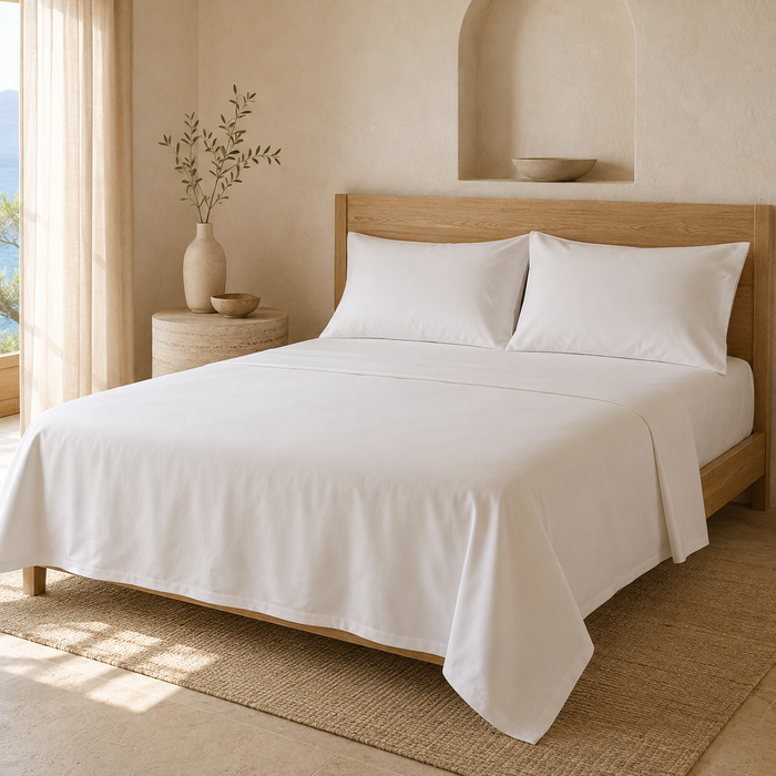 Drap plat blanc de qualite hoteliere dispose sur un grand lit dans une chambre lumineuse, avec une retombe ample et reguliere.