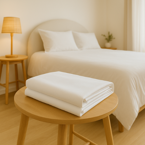 Drap plat en polycoton recyclé 150 fils, lavé et prêt à l’emploi. Linge d’hôtel doux, durable et économique. Tailles 1P et King Size.
