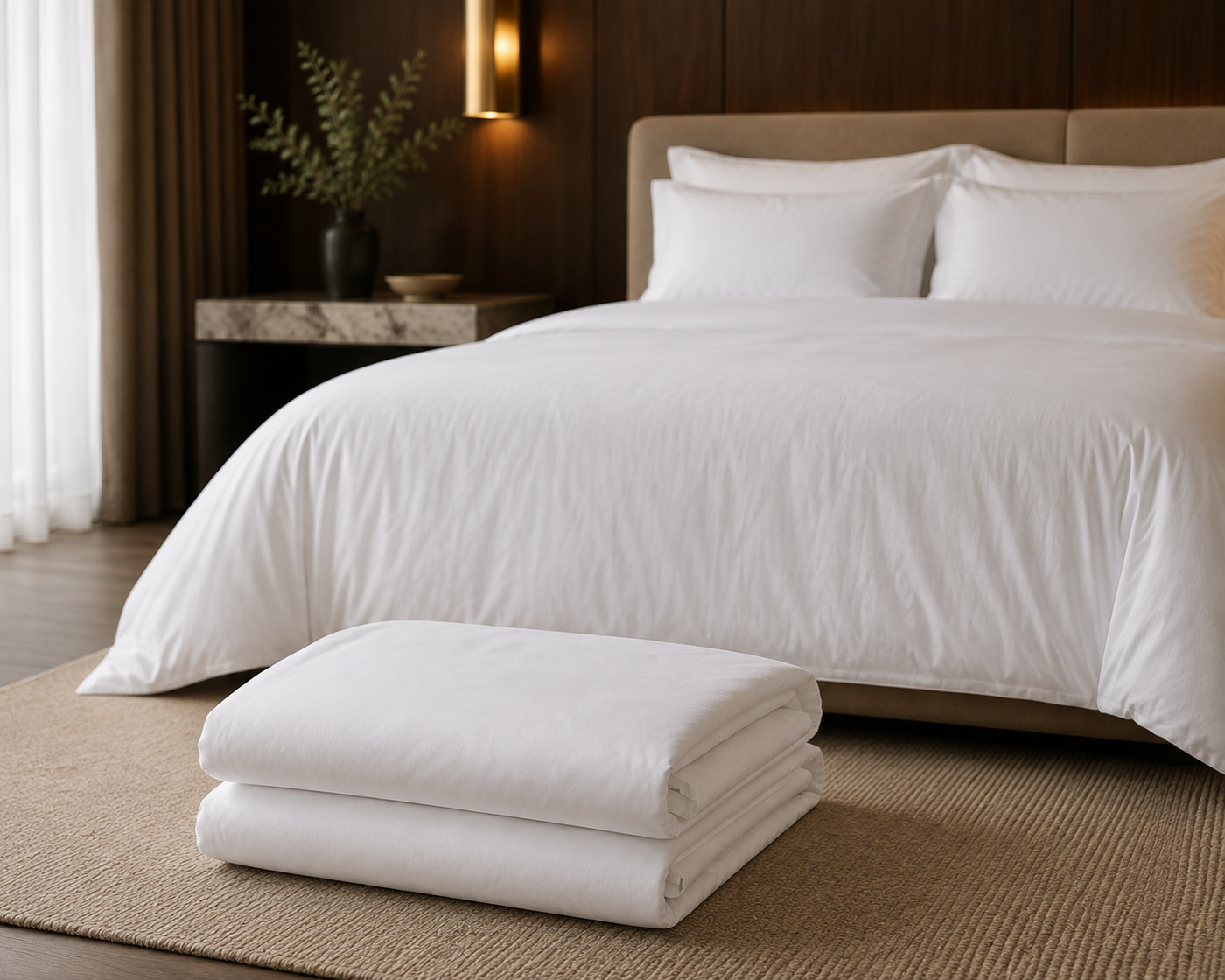 Housse de couette blanche 240x260 cm soigneusement pliée devant un lit d’hôtel, dans une chambre élégante aux finitions haut de gamme.