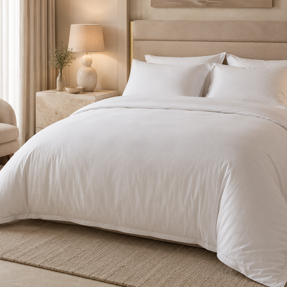 Housse de couette blanche 220x240 cm disposée sur un grand lit avec oreillers assortis, dans une ambiance raffinée inspirée des hôtels premium.
