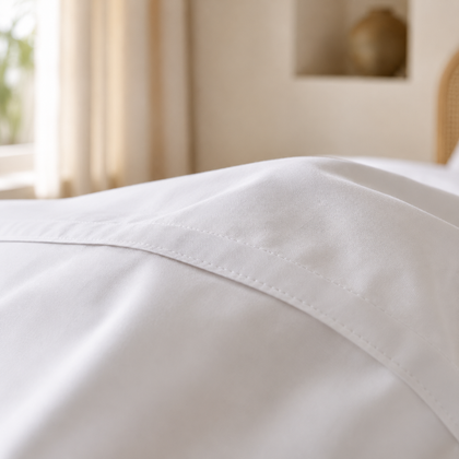 Gros plan sur le tissu blanc et la couture de finition d une housse de couette hoteliere, montrant la qualite du tissage et des finitions.