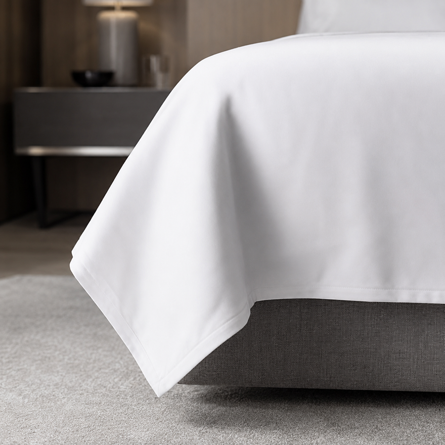 Gros plan sur la retombe et la finition d une housse de couette blanche professionnelle, mettant en valeur son tissu lisse et son ourlet soigne.