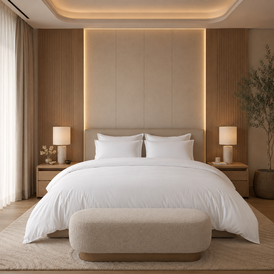 Housse de couette blanche 220x240 cm sur un lit double dans une chambre contemporaine haut de gamme, avec retombé ample et finition soignée.