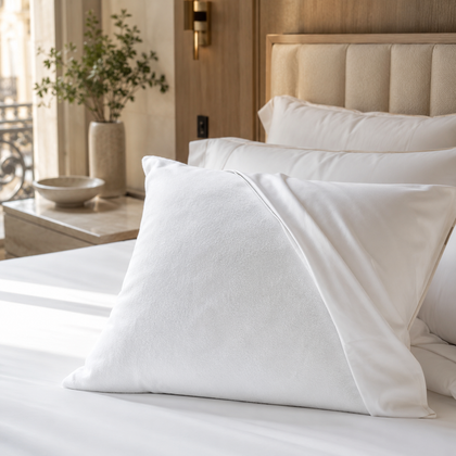 Protège-oreiller en molleton 65 x 65 cm installé sous une taie blanche dans une chambre d'hôtel haut de gamme.