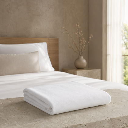 Gros plan sur la texture douce et moelleuse du protege-oreiller molleton blanc, mettant en valeur sa matiere absorbante et confortable.