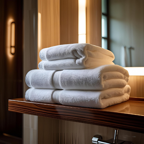 Draps de bain 100x150 cm empilés élégamment sur un porte-serviette dans une salle de bain moderne, parfaits pour ajouter du confort et du style à votre espace, proposés par Ma boutique.