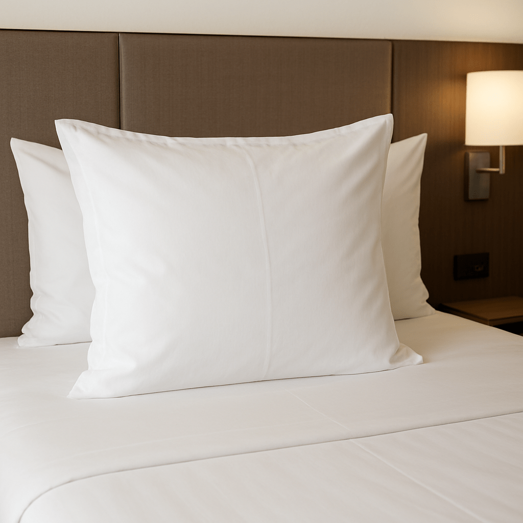 Taie d’oreiller carrée 65×65 cm en linge hôtelier revalorisé, durable, idéale pour Airbnb et literie premium.