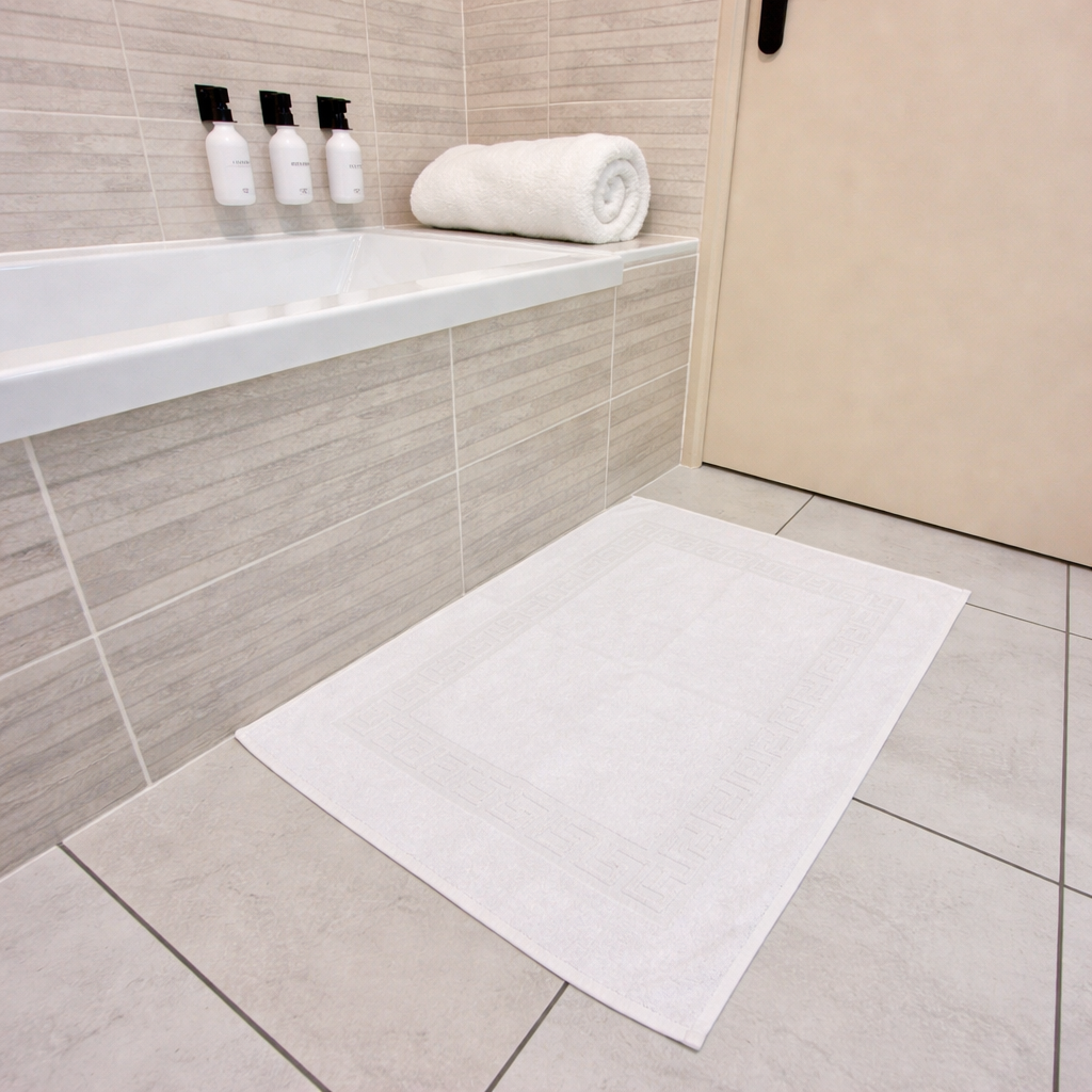 Tapis de bain hôtelier blanc 50x75 devant douche - qualité hôtelière Ecowayve