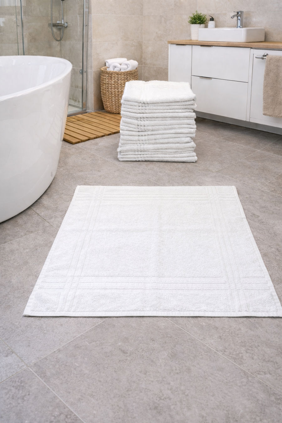Tapis de salle de bain hôtel 50x75 blanc en coton professionnel - Ecowayve
