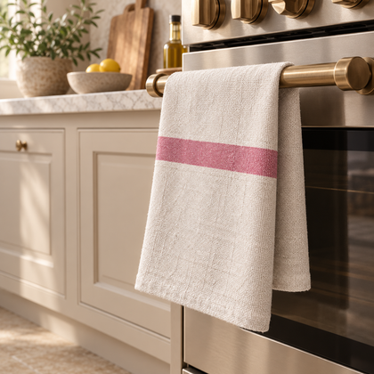 Torchon 100 % coton à rayure rose suspendu dans une cuisine élégante.
